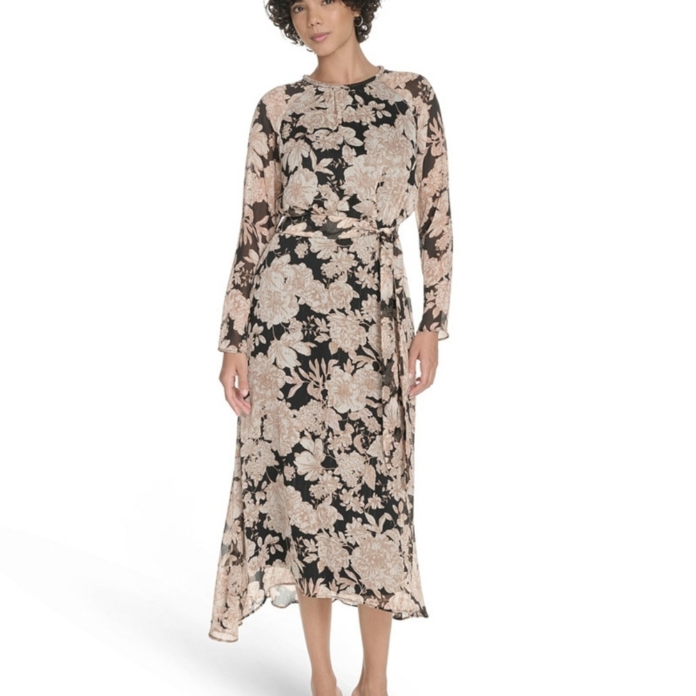 Tommy Hilfiger Black and Cream Floral Long Chiffone Sleeve Dress Sz 12-14-16 New